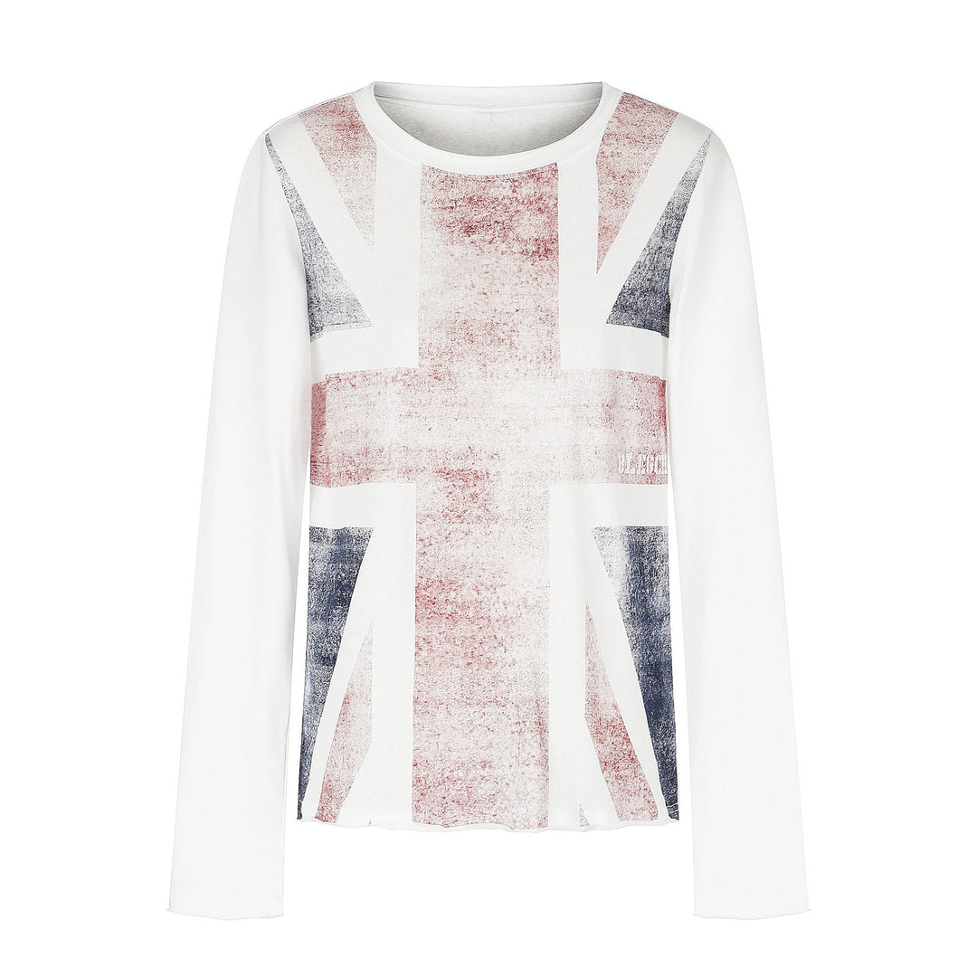Damen Rundhals-Longsleeve aus Baumwollmix mit Vintage-Union-Jack-Print und Kontrastärmeln Nord Taschen