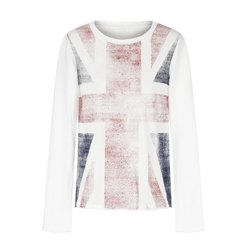 Damen Rundhals-Longsleeve aus Baumwollmix mit Vintage-Union-Jack-Print und Kontrastärmeln Nord Taschen