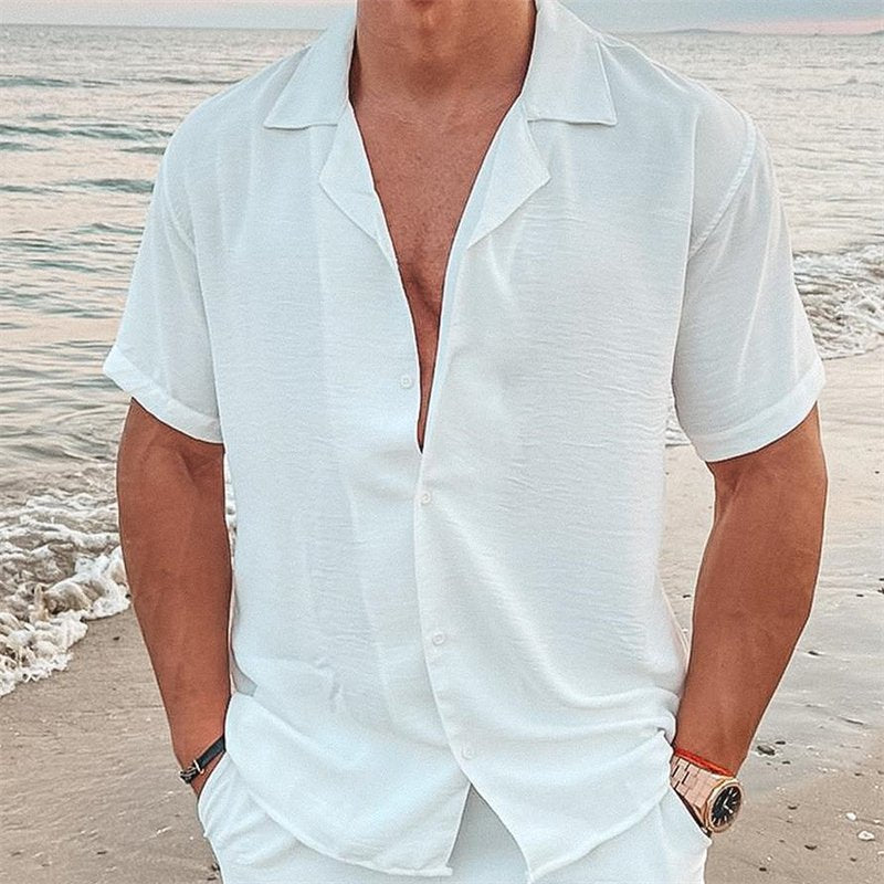 Herren nan luftiges Strandhemd aus Leinenmix mit Reverskragen und offener Knopfleiste Nord Taschen