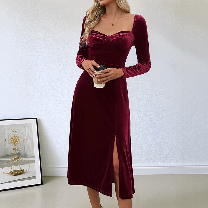 Damen Samt-Midikleid mit herzförmigem Ausschnitt, taillierter Schnitt & hohem Beinschlitz Nord Taschen