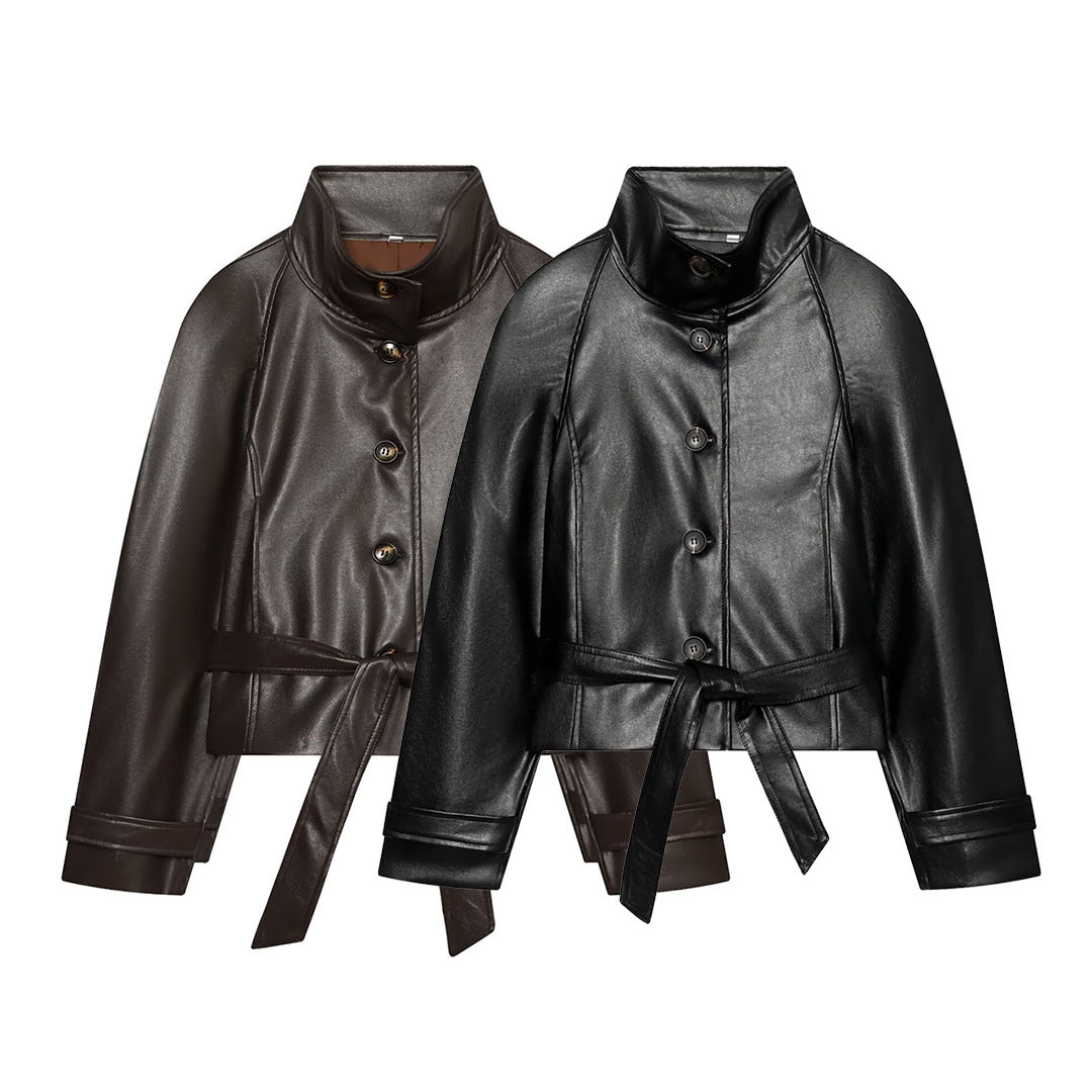 Damen Taillierte Cropped Veganlederjacke mit Stehkragen und Bindegürtel Nord Taschen