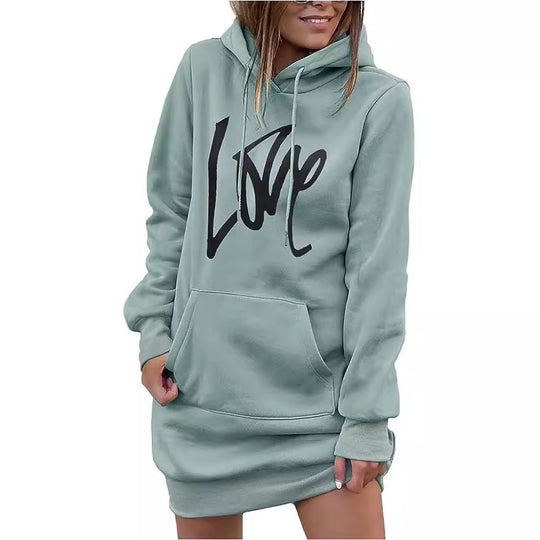 Damen Fleece-Kapuzenkleid mit Kängurutasche, Daumenlochärmeln und Oversize-Sweatshirt-Schnitt Nord Taschen