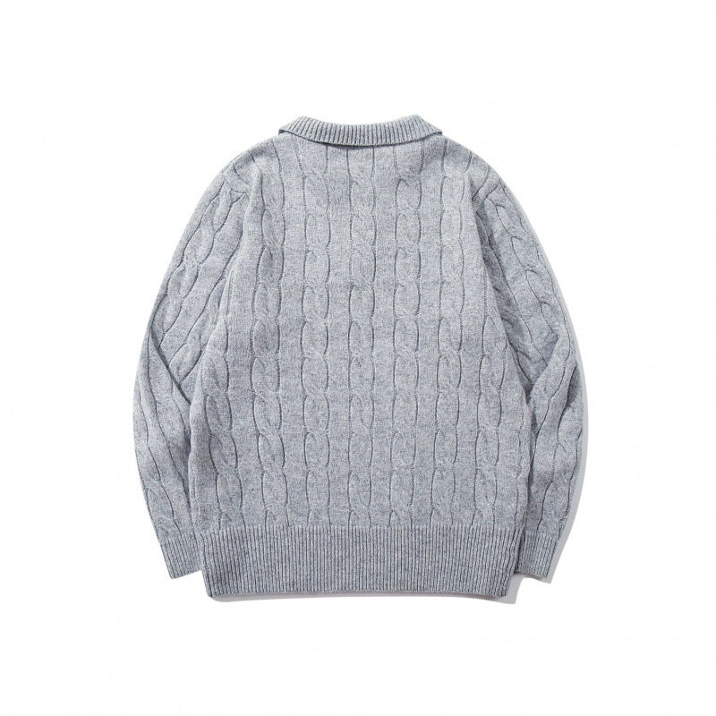Herren Grobgestrickter Zopfmuster-Pullover mit Polokragen und V‑Ausschnitt Nord Taschen