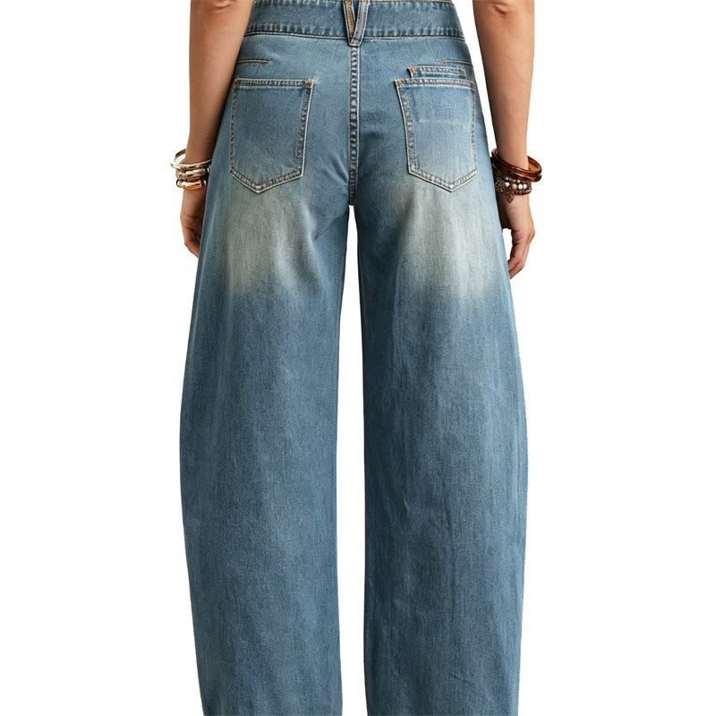Damen Weite hochgeschnittene Jeans mit geschwungenen Nahtdetails und aufgesetzten Taschen Nord Taschen