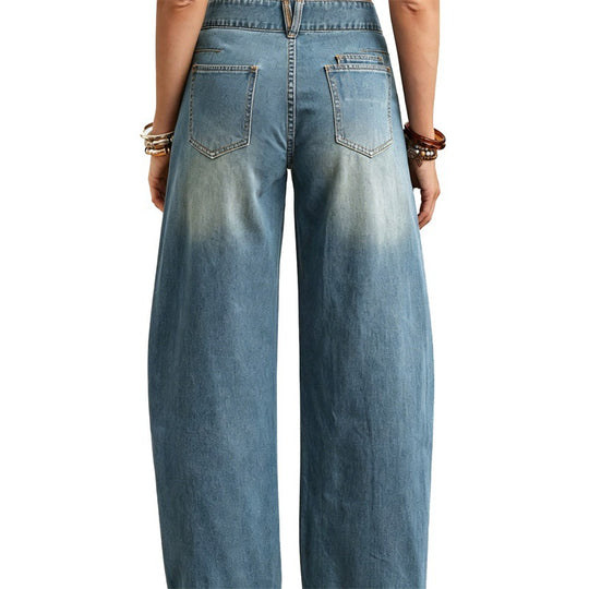 Damen Weite hochgeschnittene Jeans mit geschwungenen Nahtdetails und aufgesetzten Taschen Nord Taschen