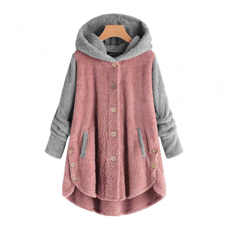 Damen Oversized Teddy-Mantel mit Kapuze, asymmetrischem Zipfelsaum und Holzknopf-Leiste Nord Taschen