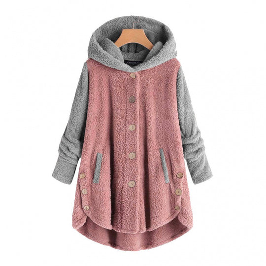 Damen Oversized Teddy-Mantel mit Kapuze, asymmetrischem Zipfelsaum und Holzknopf-Leiste Nord Taschen