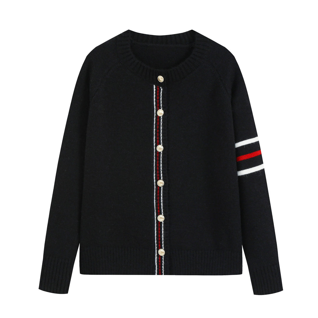 Damen Lässiger Rippstrick‑Cardigan mit Goldknöpfen und sportiven Ärmelstreifen Nord Taschen