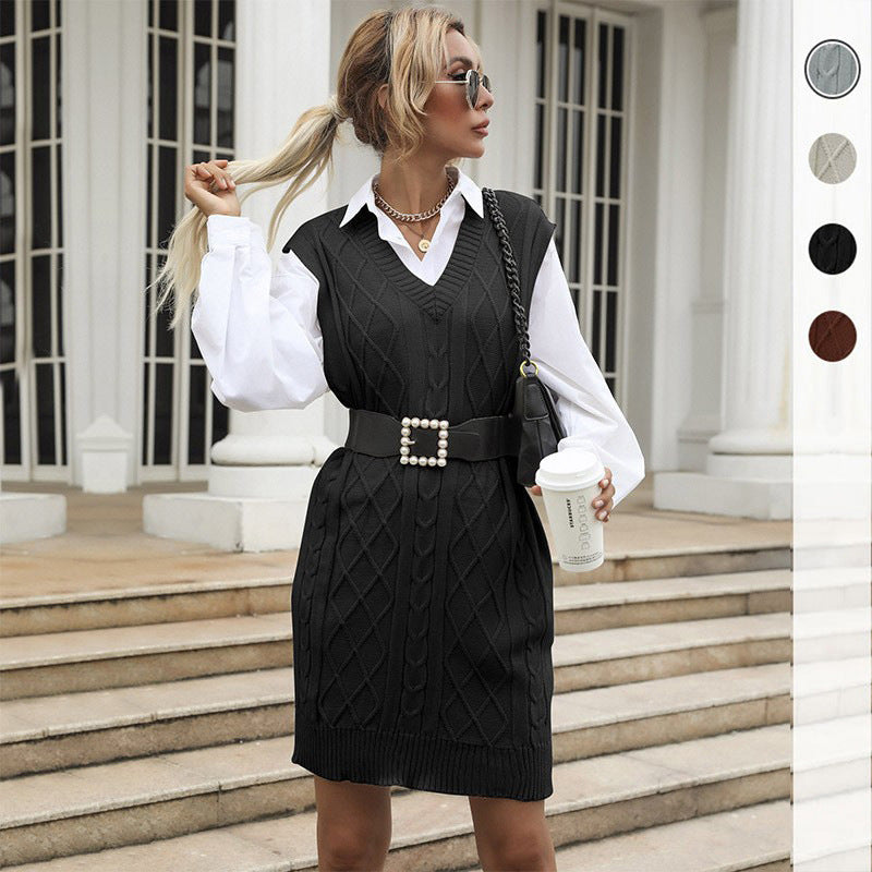 Damen Kabelstrick-Longweste mit V-Ausschnitt und Oversize-Silhouette Nord Taschen