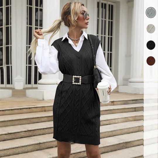 Damen Kabelstrick-Longweste mit V-Ausschnitt und Oversize-Silhouette Nord Taschen