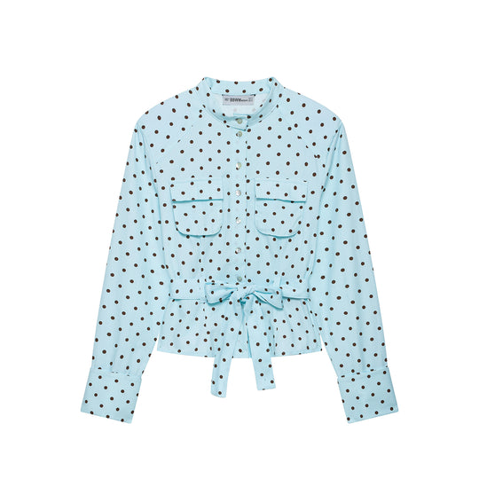 Damen Bluse mit Stehkragen, Bindegürtel und aufgesetzten Brusttaschen Nord Taschen