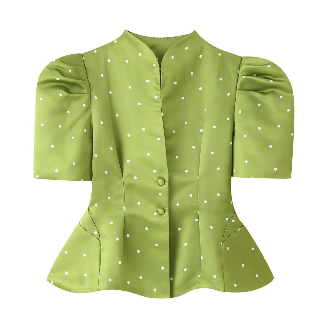 Damen Taillierte Satinbluse mit Puffärmeln, Stehkragen und Polka‑Dot‑Print Nord Taschen