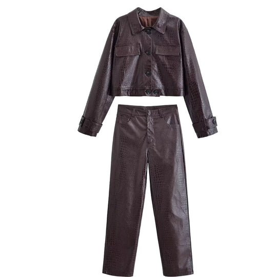 Damen Hochtaillierte Straight-Leg Kunstlederhose mit Krokoprägung Nord Taschen