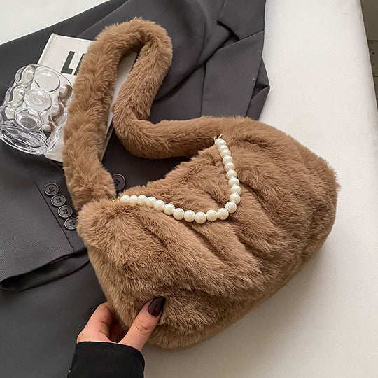 Damen Plüsch-Handtasche mit dekorativen Perlenakzenten Nord Taschen