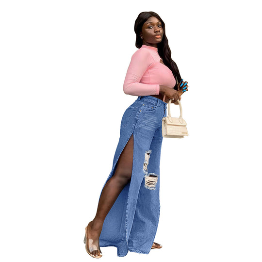 Damen geweitete Denim-Jeans mit hohen Seitenschlitzen und Destroyed-Kniepartie Nord Taschen