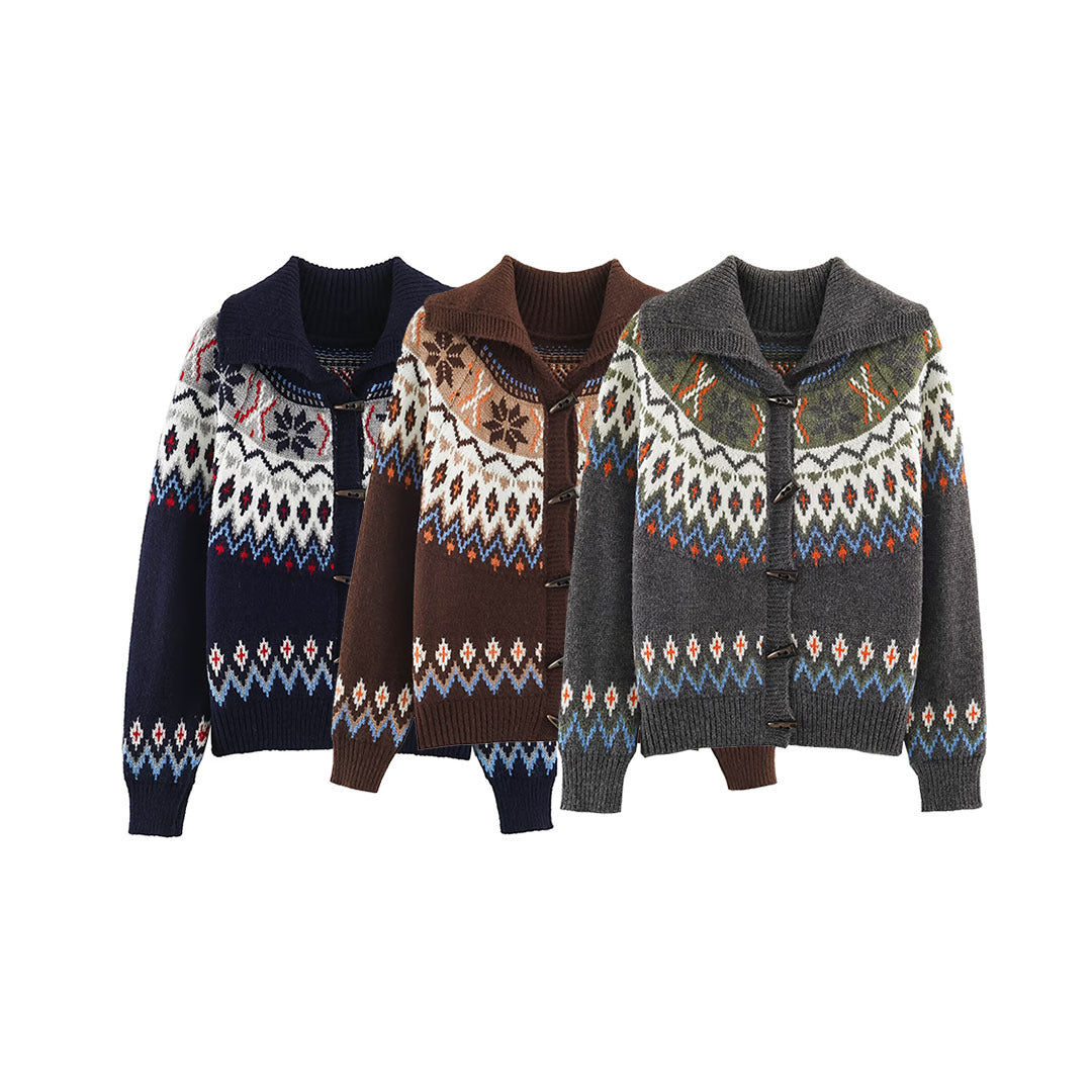 Damen Grobgestrickter Norweger-Cardigan mit Schalkragen und Hornknopfleiste Nord Taschen