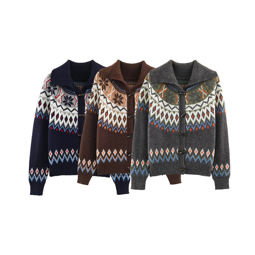 Damen Grobgestrickter Norweger-Cardigan mit Schalkragen und Hornknopfleiste Nord Taschen