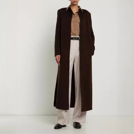 Damen Langer Minimalistischer Stehkragenmantel aus Wollmix mit verdeckter Knopfleiste Nord Taschen