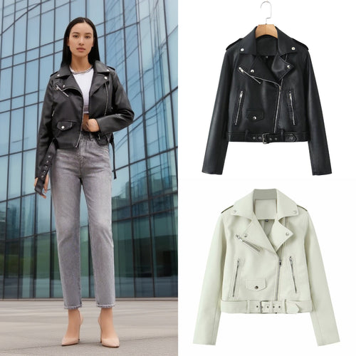 Damen Robuste taillierte Bikerjacke aus Kunstleder mit asymmetrischem Reißverschluss und Taillengürtel Nord Taschen