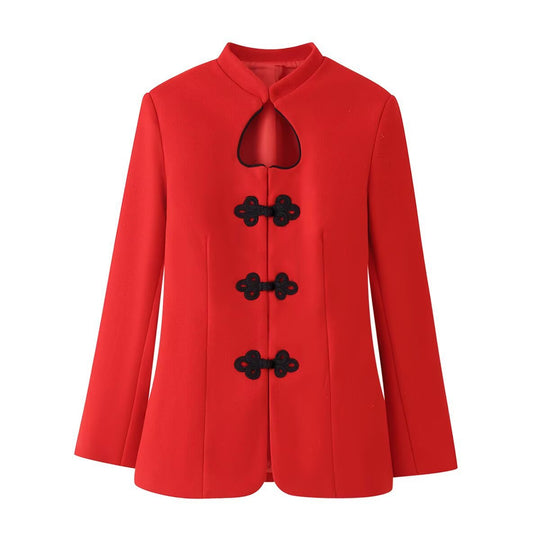 Damen Chinesisch-inspirierte Manteljacke mit Stehkragen und dekorativen Knotenverschlüssen Nord Taschen