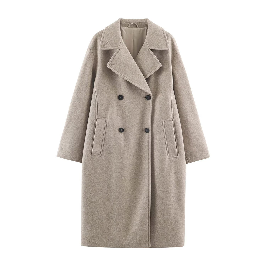 Damen Midilanger Wollmix-Doppelreihenmantel mit weitem Revers und Eingrifftaschen Nord Taschen