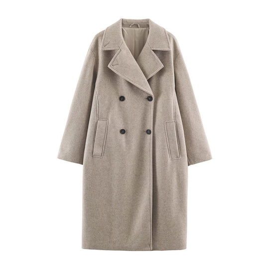 Damen Midilanger Wollmix-Doppelreihenmantel mit weitem Revers und Eingrifftaschen Nord Taschen