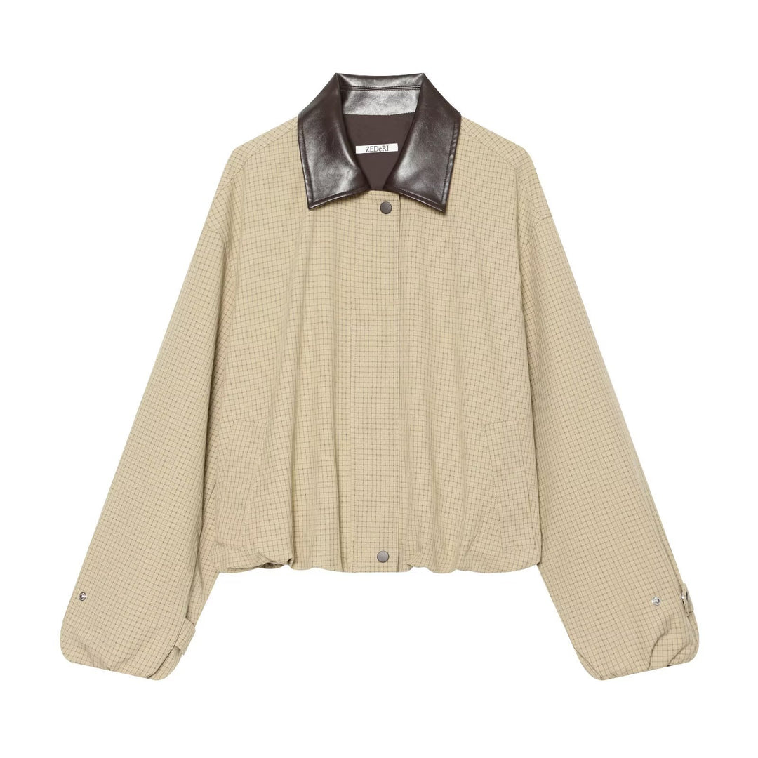 Damen Cropped Blousonjacke im Boxy‑Schnitt mit feinem Karomuster und Kontrast-Kunstlederkragen Nord Taschen
