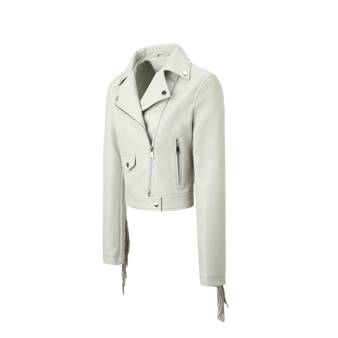 Damen Kurze Biker‑Lederjacke mit Fransenärmeln und asymmetrischem Reißverschluss Nord Taschen