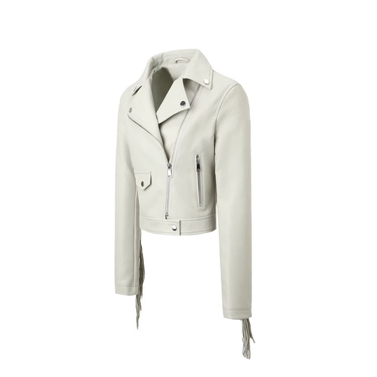 Damen Kurze Biker‑Lederjacke mit Fransenärmeln und asymmetrischem Reißverschluss Nord Taschen