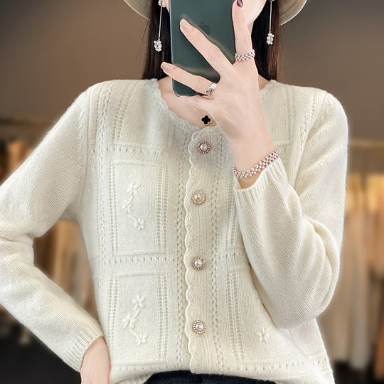 Damen Verzierter Strickcardigan mit Perlenknöpfen und Ajour‑Stickerei Nord Taschen