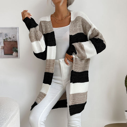 Damen Lässiger Strickmantel mit Streifen Nord Taschen