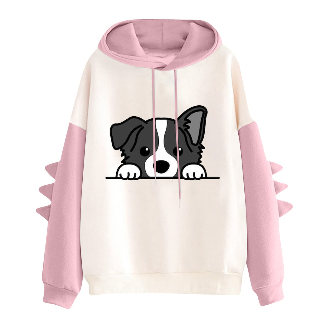 Damen nan Kapuzenpullover mit niedlichem Hunde‑und‑Katzen‑Print und 3D-Stacheln an den Ärmeln Nord Taschen