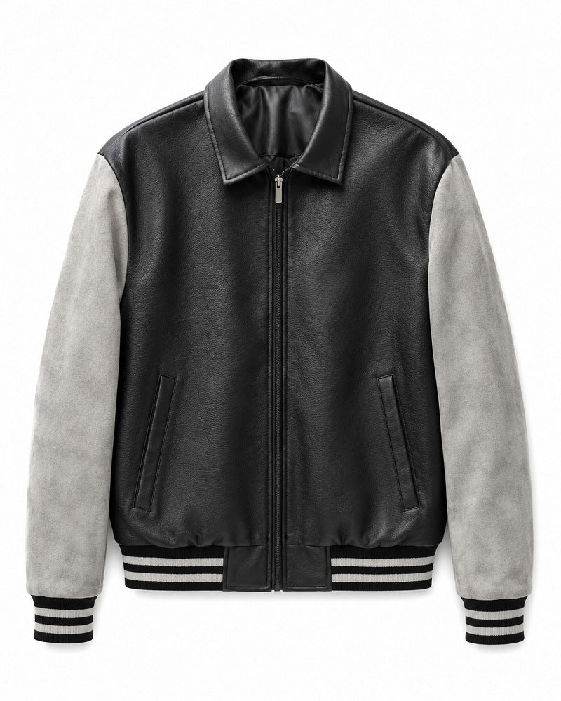 Herren Retro Letterman‑Bomber mit glattem Kunstlederkörper und Veloursärmmel-Detail Nord Taschen