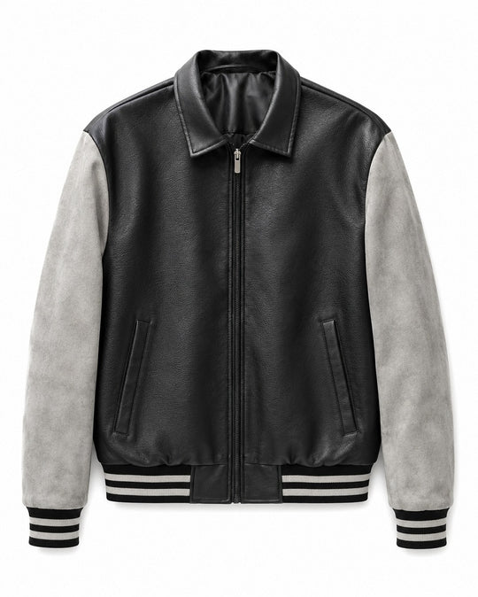 Herren Retro Letterman‑Bomber mit glattem Kunstlederkörper und Veloursärmmel-Detail Nord Taschen
