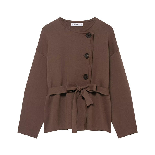 Damen Strickjacke mit asymmetrischer Knopfblende und Taillengürtel Nord Taschen