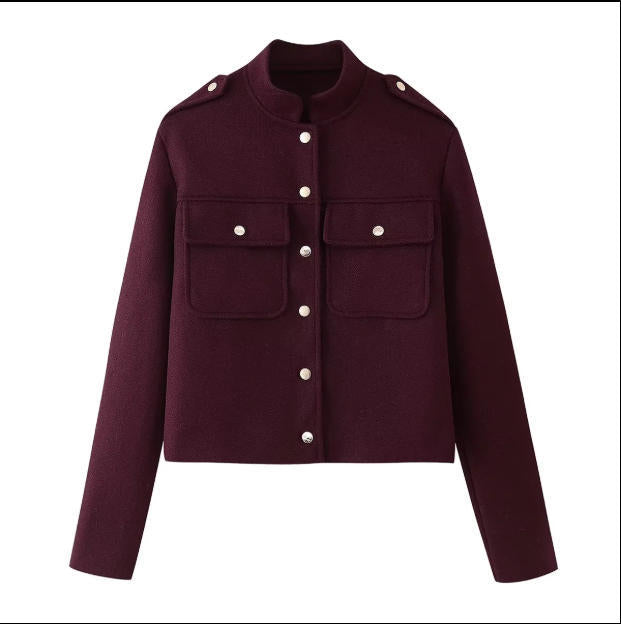 Damen Kurze Cropped‑Utilityjacke aus Wollmix mit Stehkragen und aufgesetzten Klappentaschen Nord Taschen