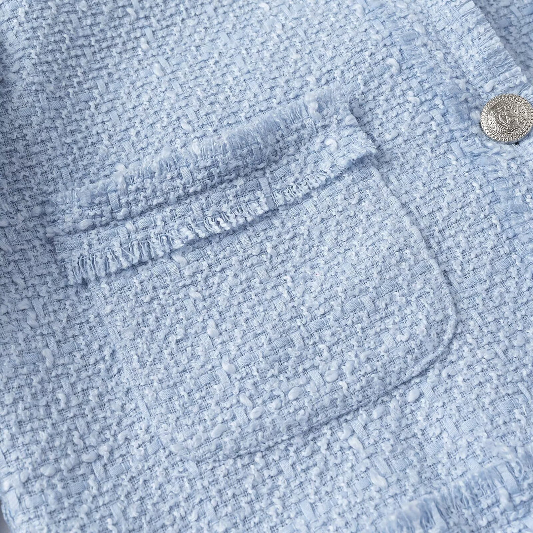 Damen Cropped Bouclé‑Jacke mit Rundhalsausschnitt, Fransenbesatz und aufgesetzten Pattentaschen Nord Taschen