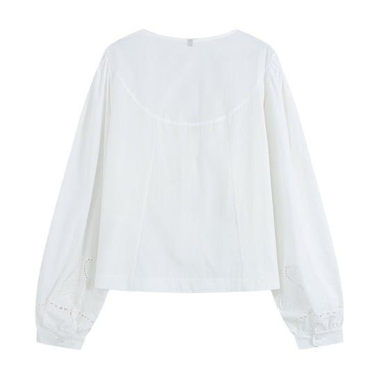 Damen Bestickte V‑Ausschnitt Bluse mit Kellerfaltenpasse und Ballonärmeln Nord Taschen
