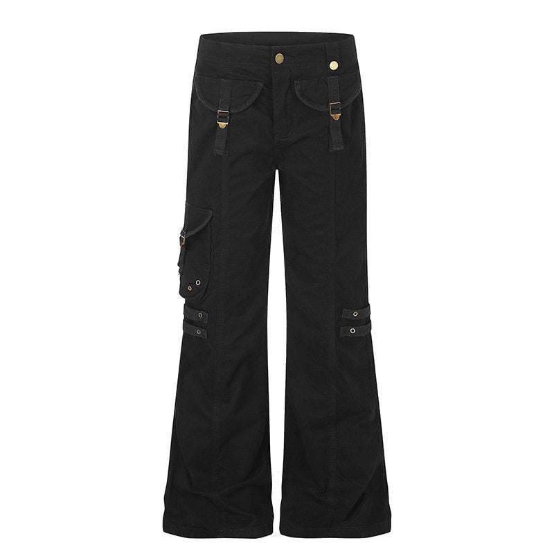 Damen weite High‑Waist Cargo‑Hose mit Utility‑Taschen und Gurt‑Details Nord Taschen
