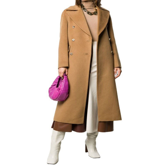 Damen Bodenlanger Zweireihiger Wollmix-Longcoat mit dezentem Gehschlitz und breitem Schalkragen Nord Taschen