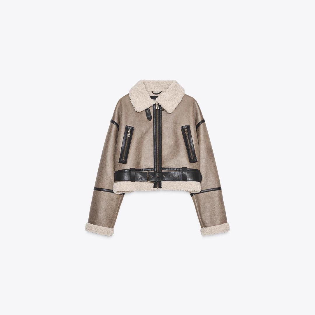 Damen Cropped Lammfelloptik‑Blouson mit Teddykragen und Taillengürtel Nord Taschen