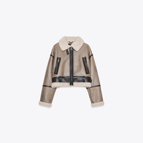 Damen Cropped Lammfelloptik‑Blouson mit Teddykragen und Taillengürtel Nord Taschen