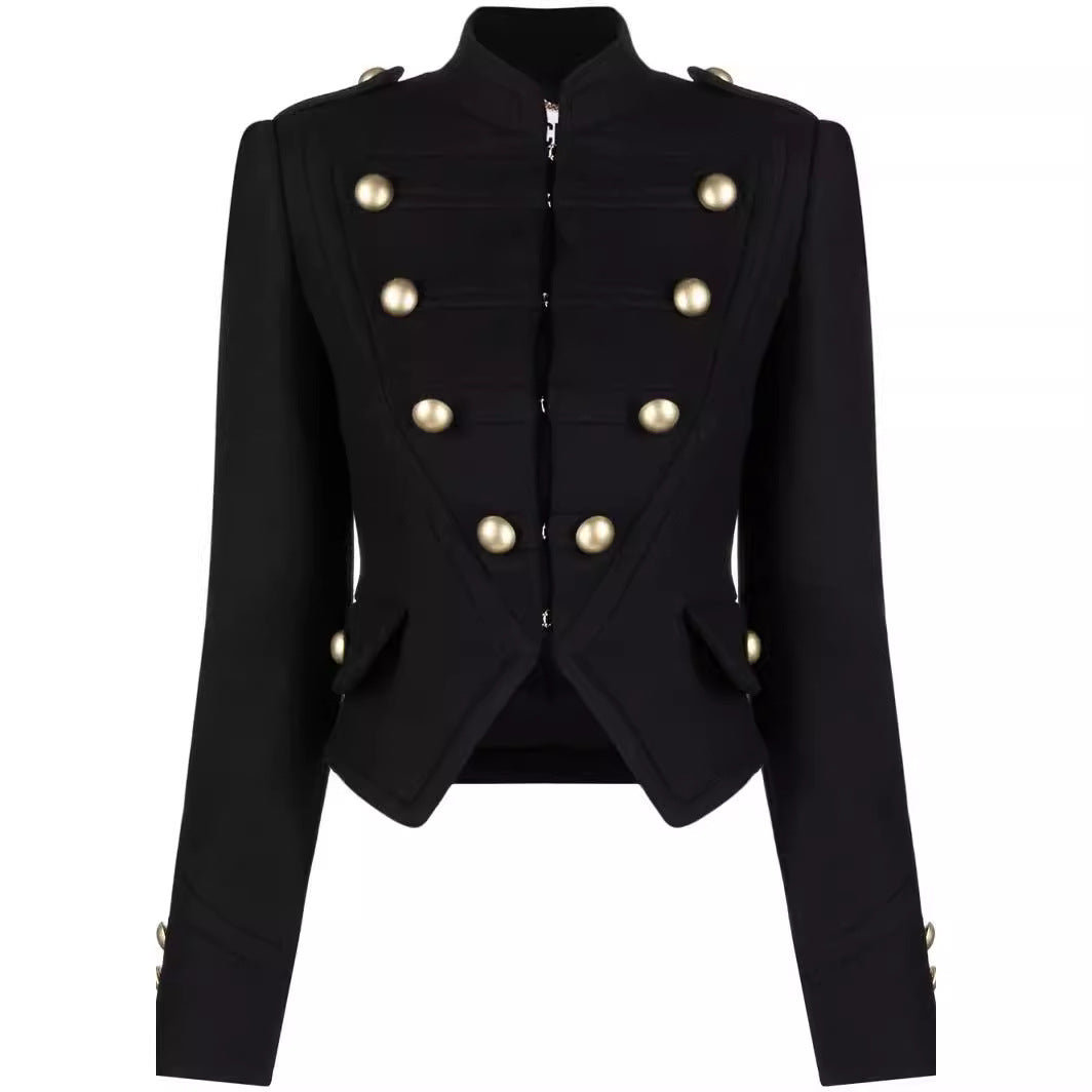 Damen Taillierter Kurzer Military‑Blazer mit Zierknöpfen und Stehkragen Nord Taschen