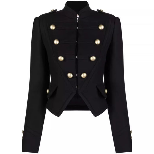 Damen Taillierter Kurzer Military‑Blazer mit Zierknöpfen und Stehkragen Nord Taschen