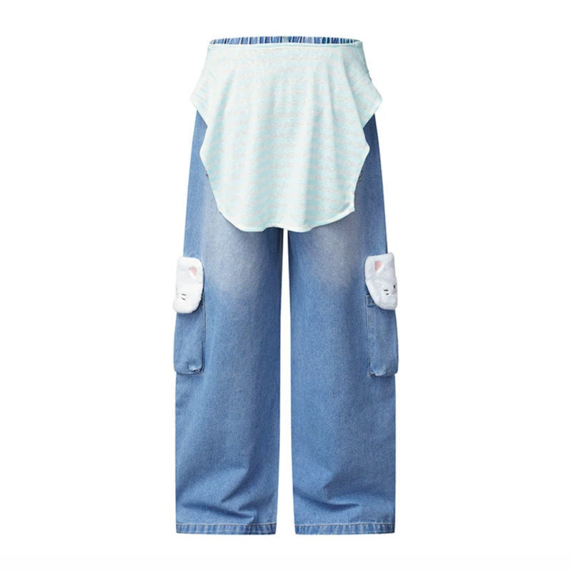 Damen Weiter Cargo-Jeans mit Plüschtaschen, Stickereien und elastischem Bund Nord Taschen