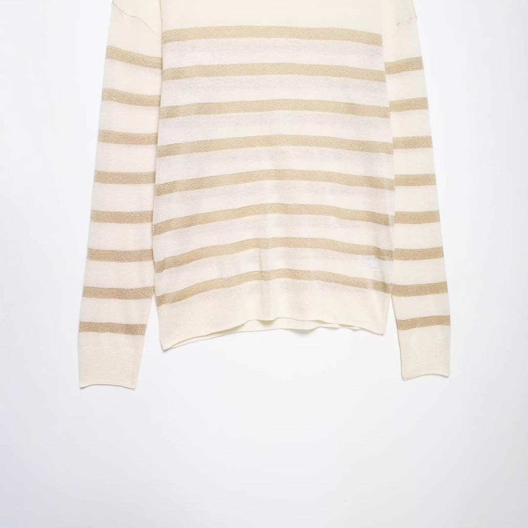 Damen Leichter gestreifter Feinstrickpullover mit Metallic‑Streifen und Rundhalsausschnitt Nord Taschen