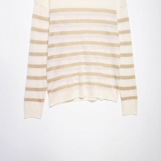 Damen Leichter gestreifter Feinstrickpullover mit Metallic‑Streifen und Rundhalsausschnitt Nord Taschen