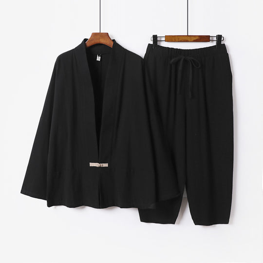 Unisex Lässiges Kimono-Loungewear-Set aus leichtem Leinenmix mit Kordelbundhose Nord Taschen