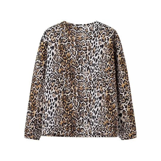 Damen Leichte Blousonjacke im Leopardenprint mit Bindebändern und aufgesetzten Taschen Nord Taschen