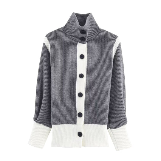 Damen Oversize Rippstrick-Cardigan mit hohem Kragen, Kontrastblende und Knopfleiste Nord Taschen